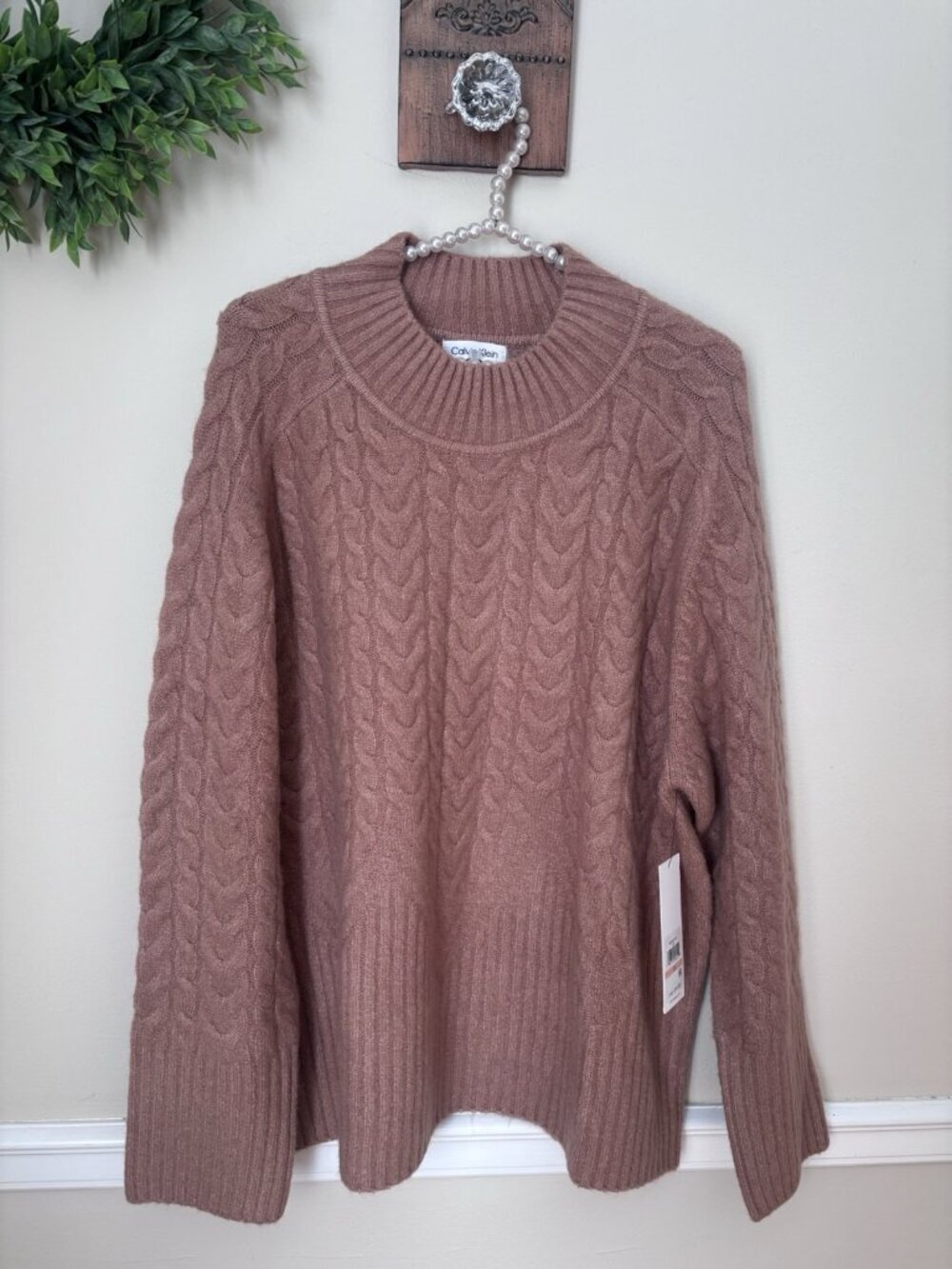 NWT Calvin Klein Womens Size 2X Brown Cable Knit Sweater Heavyweight